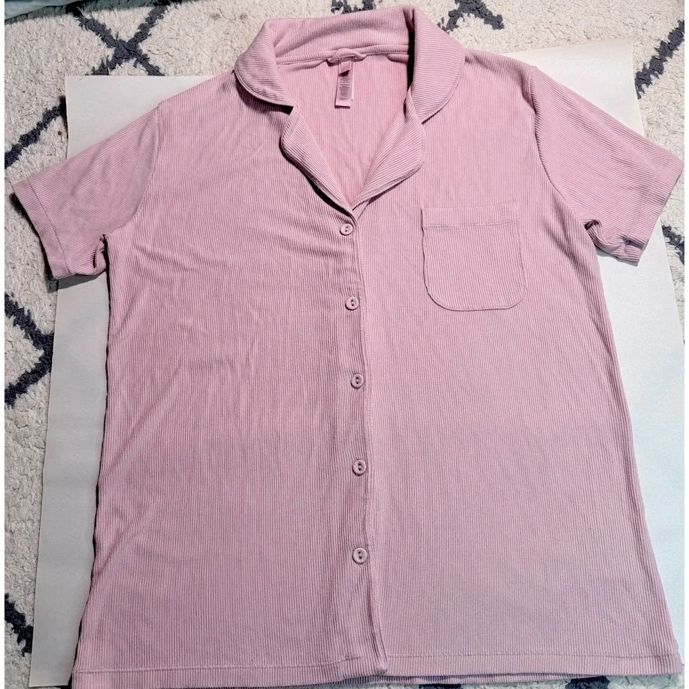 SKIMS Women's M Light Pink Soft Lounge Ribbed Modal Button Down Pajama Sleep Top